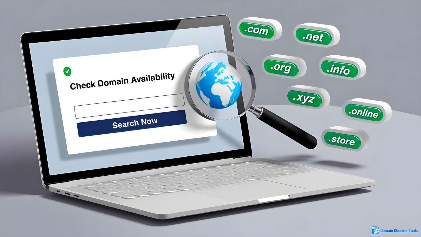 Laptop showing domain check availability tool with magnifying glass and TLD examples